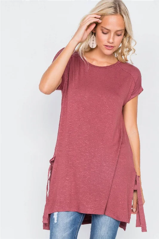 Wine Rose High-Low Rolled Sleeves Side Slit Self-Tie Tunic Top /1-3-2