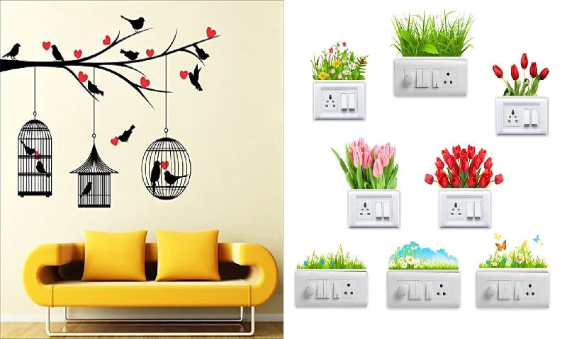 Ghar Kraft Set of 2 Wall Sticker Love Birds with Hearts and Sb Flower Wall Sticker