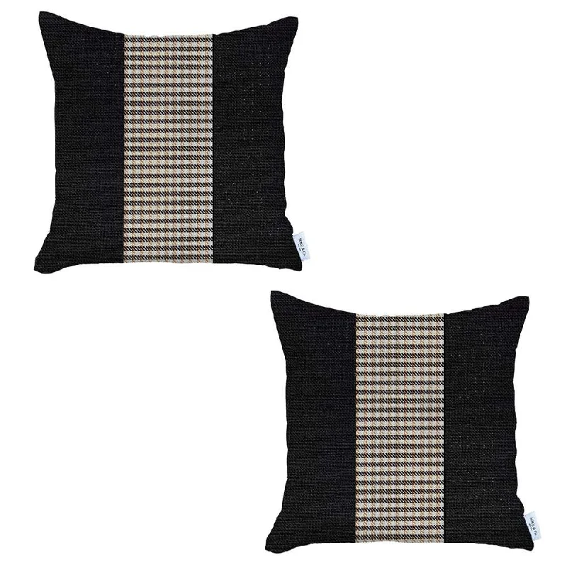 Set Of 2 Black And Tan Houndstooth Pillow Covers