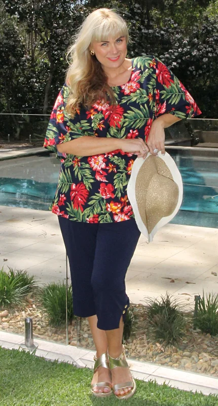 Tunic Style Round Neck Top  Red Blooms on Navy