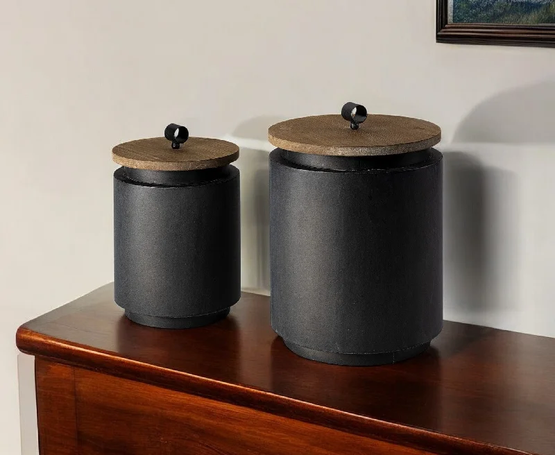 Set of Two Dark Gray Metal Decorative Canister