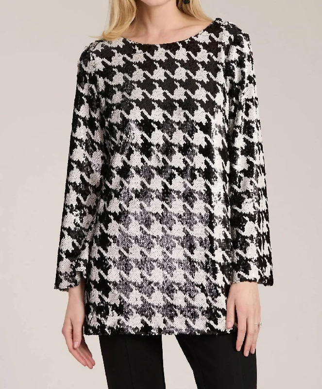 Sandra Sequin Houndstooth Tunic Top In Black Houndstooth