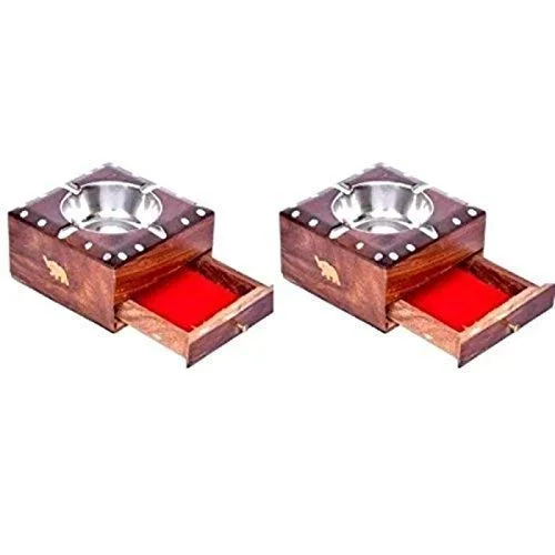 DELUXE WOOD HANDICRAFTS Wood Cigarette Ashtray // Wooden Ashtray with Cigarette Storage Case Box Drawer Set of 2