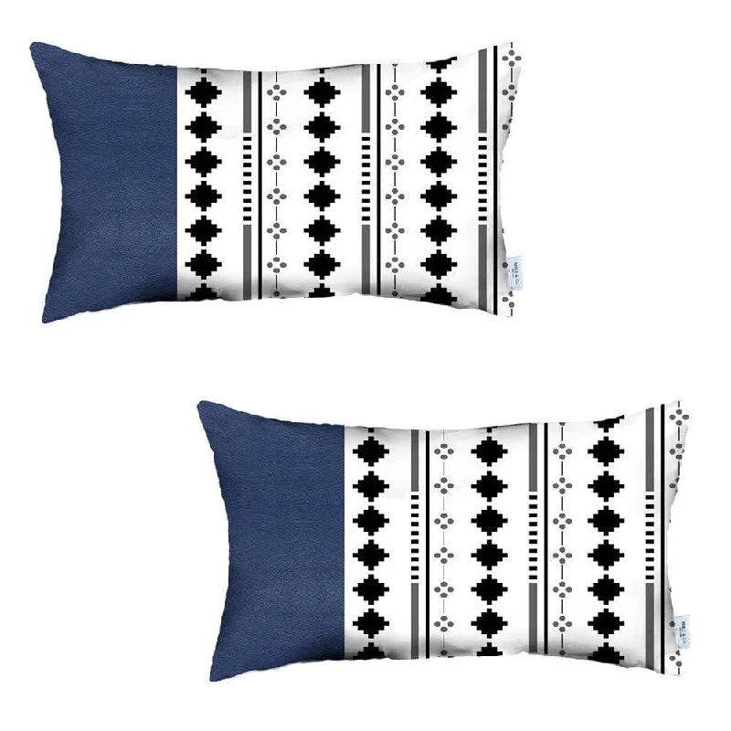 Set Of 2 Diamond Patterns And Navy Blue Faux Leather Lumbar Pillow Covers