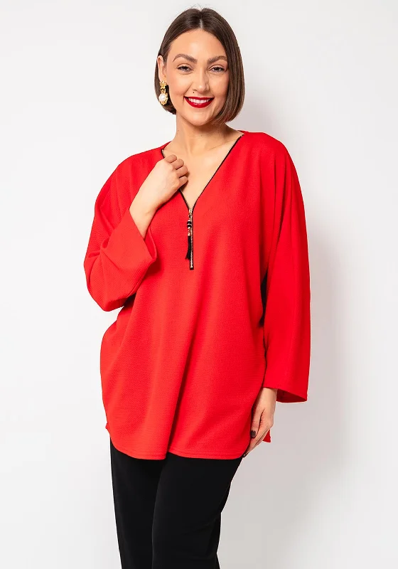 Serafina Collection One Size Zipped Tunic Top, Red