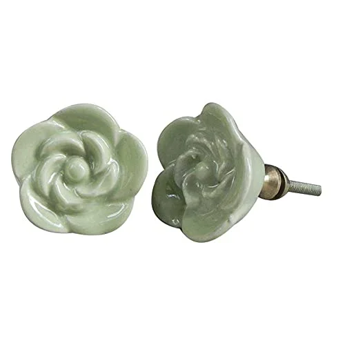 Indian-Shelf 2 Piece Green Knobs -Ceramic Knobs - Rose Door Handles Set - 4.44 cm Drawer Pulls