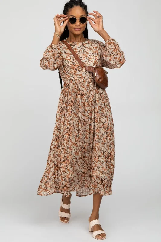 Brown Floral Pleated Skirt Midi Dress