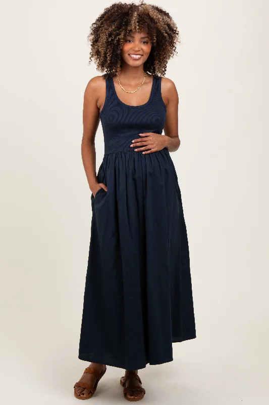 Navy Scoop Neck Contrast Skirt Maternity Maxi Dress