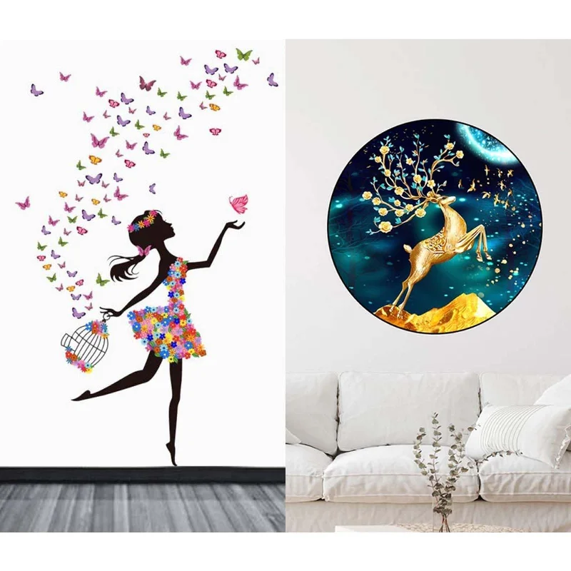 Merical Set of 2 Wall Stickers Dreamy Girl | Golden Deer for Home, Hall, Bedroom, Livingroom & Kitchen