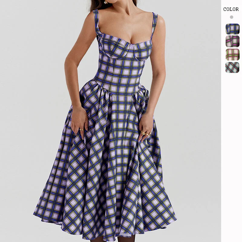 Summer High-End Plaid Flared Maxi Dress