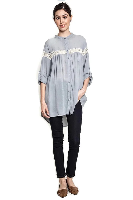 Button Up Lace Trim Tunic, Grey