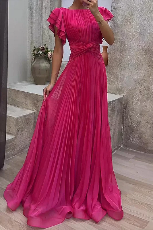 Elegant Solid Fold O Neck Waist Skirt Dresses