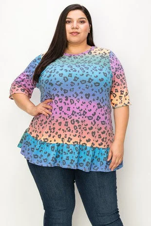 TIE DYE LEOPARD PRINT FRILL HEM TUNIC TOP