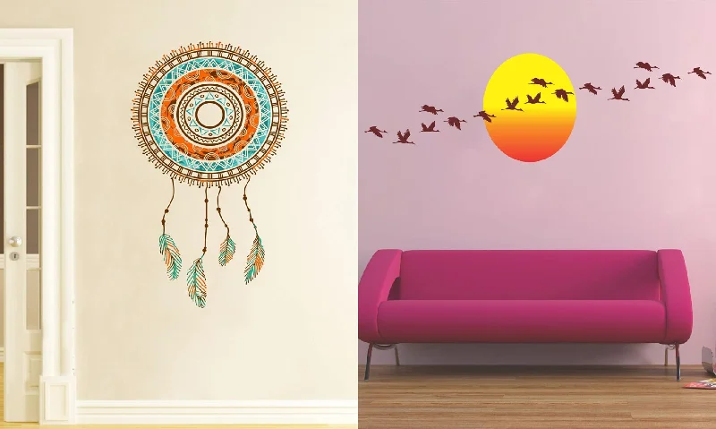 Ghar Kraft Set of 2 Wall Sticker Hand Drawn Dreamcatcher and Sunrise with Flying Birds Wall Sticker