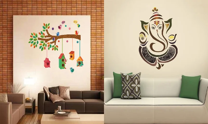 Walltech Set of 2 Wall Sticker Bird House On A Branch and Royal Ganesh Wall Sticker