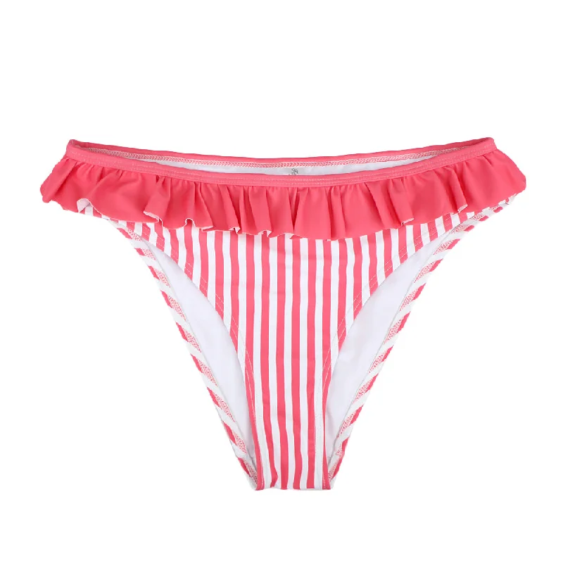 Women's Ruffle Hem Striped Bikini Bottom,Pink