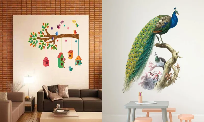 Walltech Set of 2 Wall Sticker Bird House On A Branch and Nature Peacock Wall Sticker