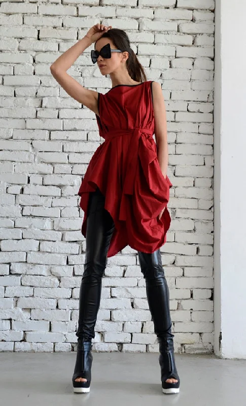 Draped Tunic With Removable Belt In Red