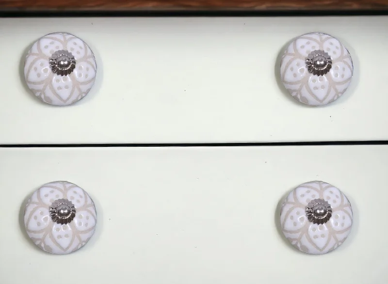 Set Of Twelve Vintage Beige And White Floral Ceramic Knobs