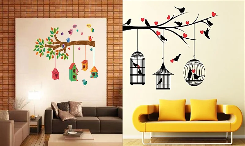 Walltech Set of 2 Wall Sticker Bird House On A Branch and Love Birds with Hearts Wall Sticker