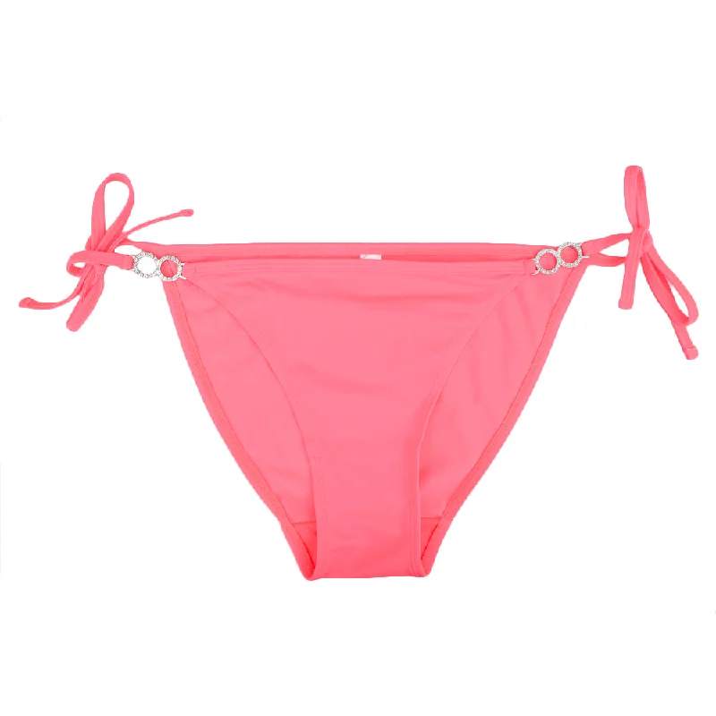 Women's Tie Side Bikini Bottom With Ring Detail,Neon Coral