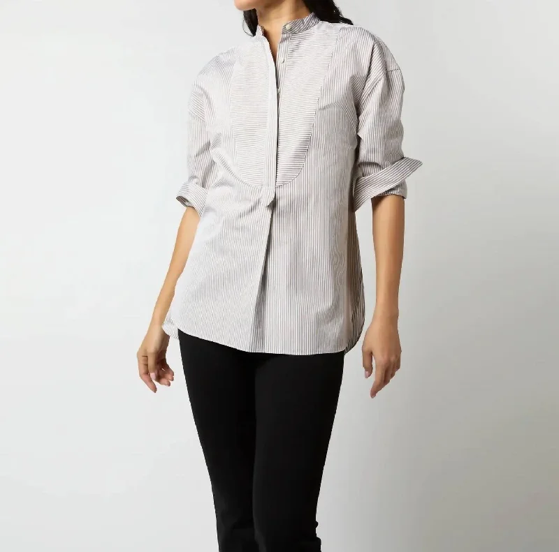 Christiane Bib Front Tunic Top In Taupe/white Bengal Stripe Poplin