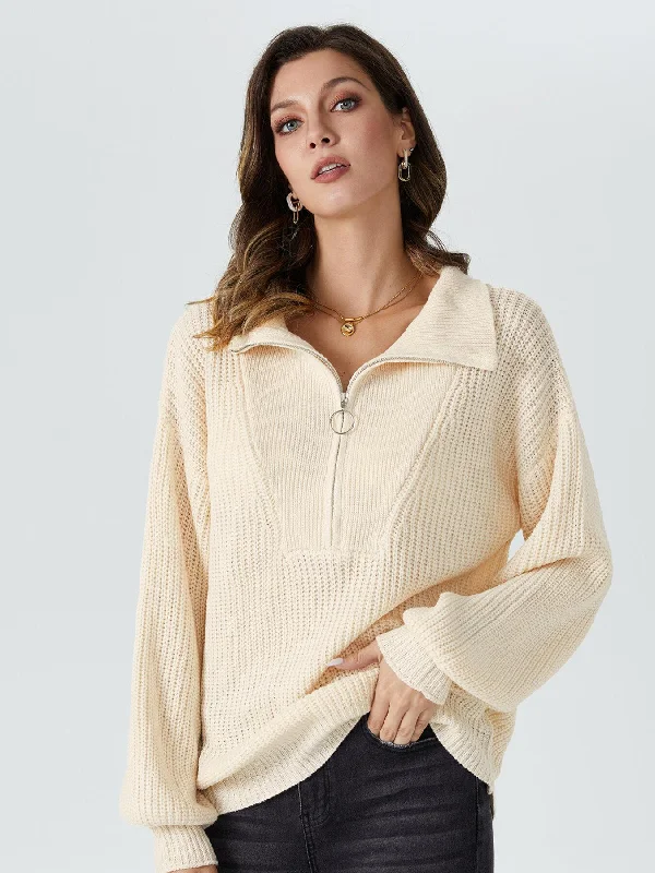 Zipper Collar Neck Drop Shoulder Jumper