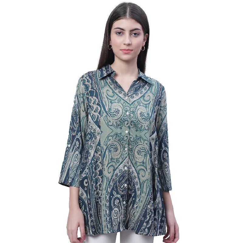 Women's Green Printed Spread Collar Casual Tunic