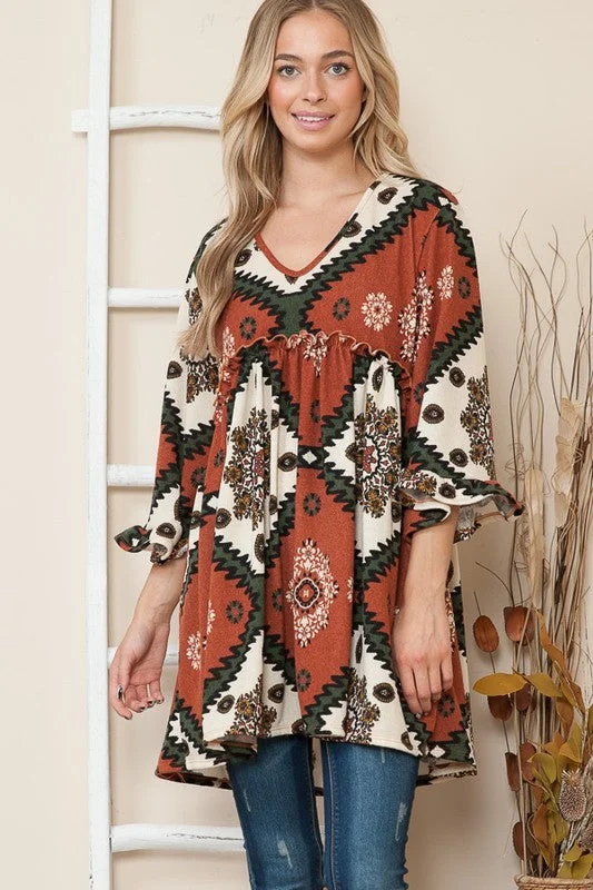 Rust Colored Aztec Print Tunic Top Ruffle Sleeve