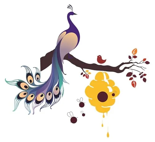 Quick CART King of Birds Peacock on Branch with Honey Bees Hive' Wall Sticker (PVC Vinyl, 60 cm x 90 cm),Multicolour