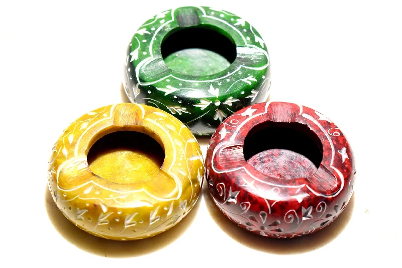 MARBOGLASS India Marble Colorful (Red Green Yellow) Ashtray for Table and car use | Suitable for Home, Office | Bar& Resturent (Set of 3) 3.5 inch Round