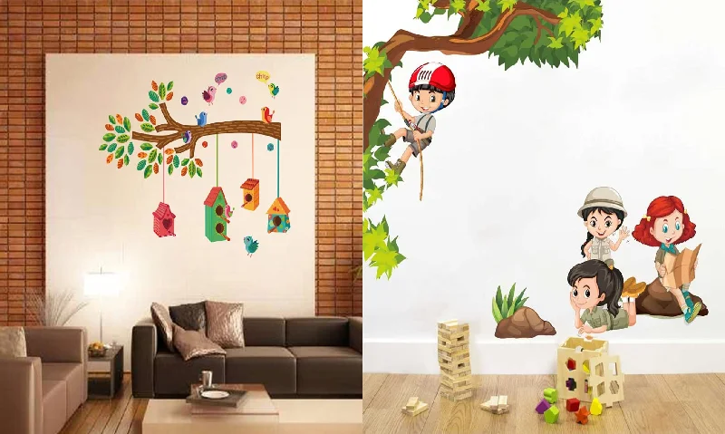 Walltech Set of 2 Wall Sticker Bird House On A Branch and Kids Activity Wall Sticker