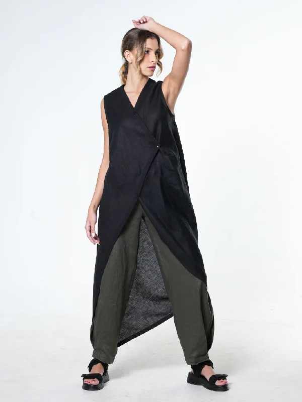 Long Linen Tunic Top In Black