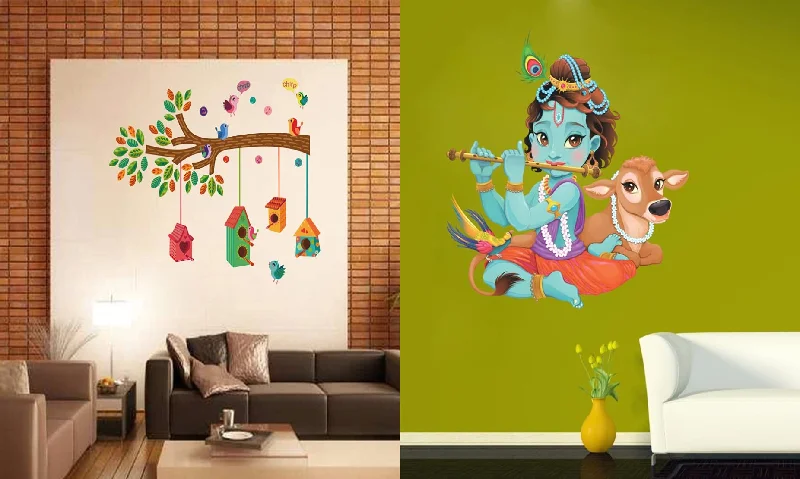 Walltech Set of 2 Wall Sticker Bird House On A Branch and Lord Krishna Playing with Cow Wall Sticker