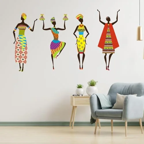 Premium Unique Stylish African Woman 4 Pcs. MDF Wood Cut Out Set Wall Home Room, Office Wall, Art- Colorful, Ethnic Wall Stickers Colorful Four Dancing Tribal Ladies.||