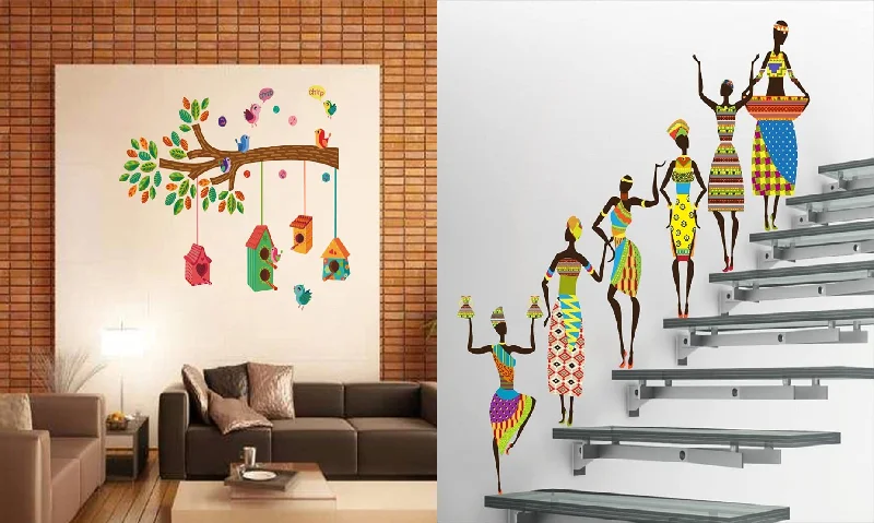 Walltech Set of 2 Wall Sticker Bird House On A Branch and Tribal Lady Wall Sticker