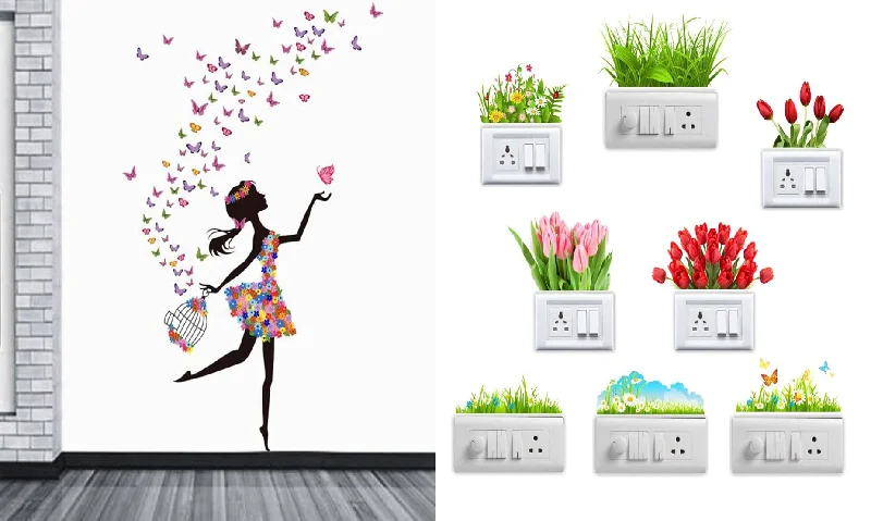 Ghar Kraft Set of 2 Wall Sticker Dream Girl and Sb Flower Wall Sticker