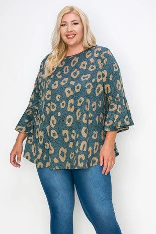 Teal Leopard Print Ruffle Sleeves Tunic Top