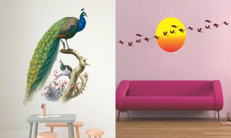 Ghar Kraft Set of 2 Wall Sticker Nature Peacock and Sunrise with Flying Birds Wall Sticker