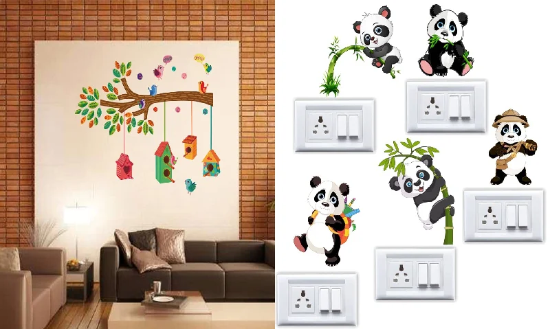 Walltech Set of 2 Wall Sticker Bird House On A Branch and Sb Panda Wall Sticker