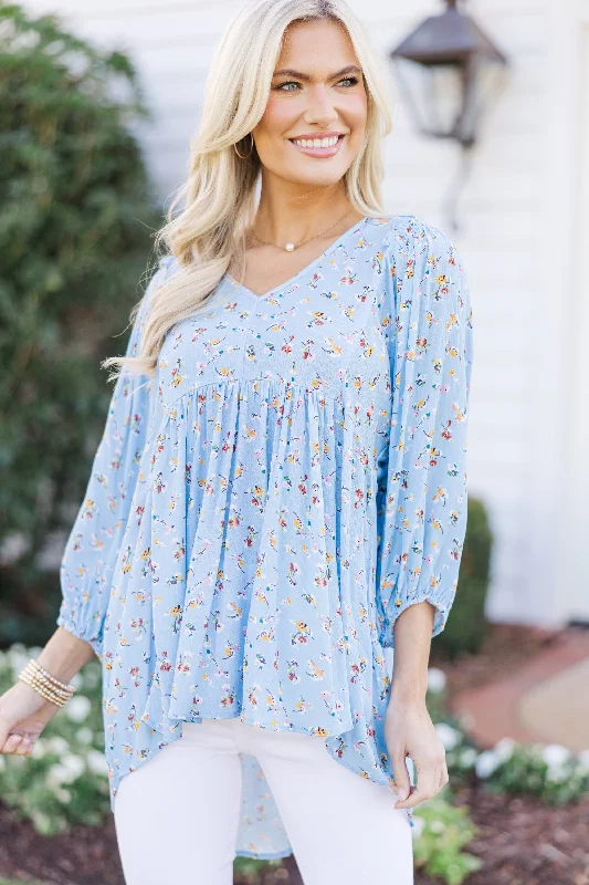 All So Nice Light Blue Ditsy Floral Tunic