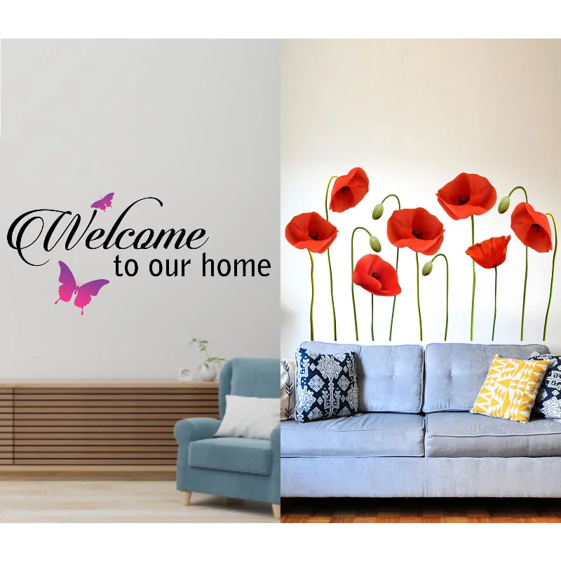 MERICAL Set of 2 Wall Stickers Welcome Home Butterfly | Red Poppies Flowers for Home, Hall, Bedroom, Livingroom & Kitchen