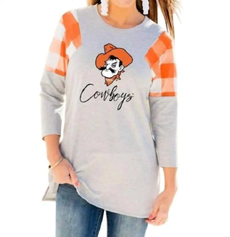 Oklahoma State University Get In Check Tunic In Grey/orange