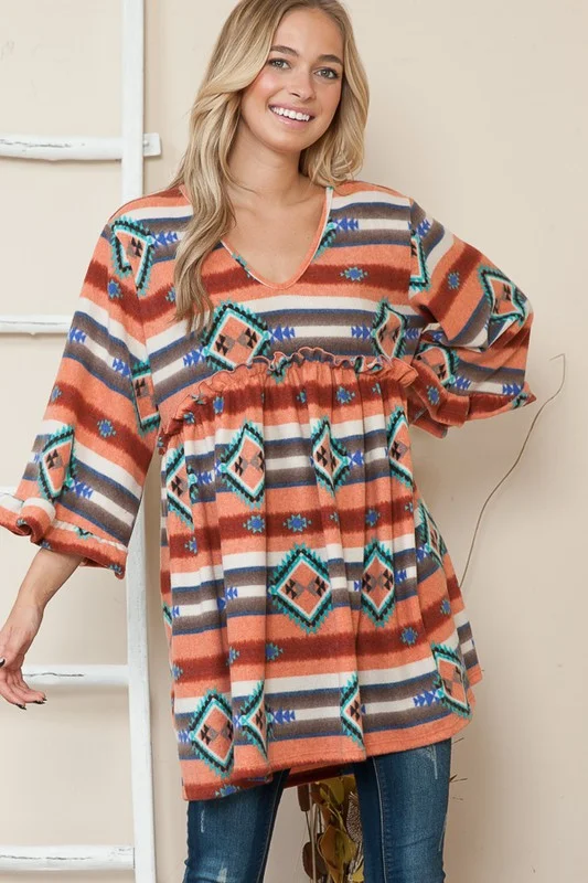 Aztec Print Tunic Top w Ruffle Accent