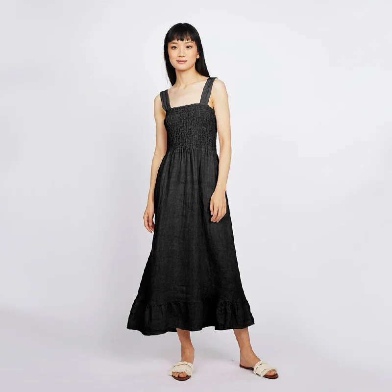 Bunched Top Linen Dress (Black)