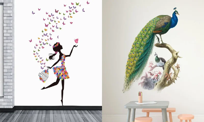 Ghar Kraft Set of 2 Wall Sticker Dream Girl and Nature Peacock Wall Sticker