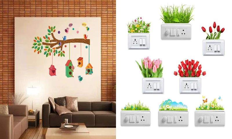 Walltech Set of 2 Wall Sticker Bird House On A Branch and Sb Flower Wall Sticker