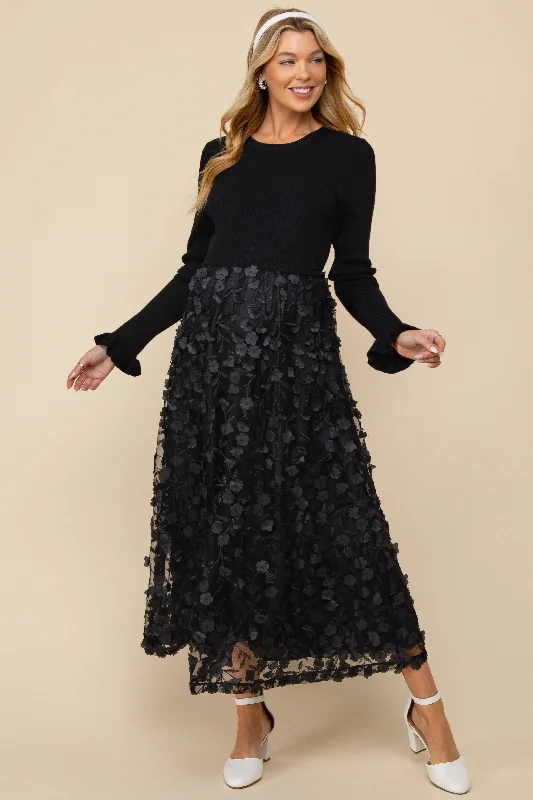 Black Floral Applique Contrast Skirt Maternity Midi Dress