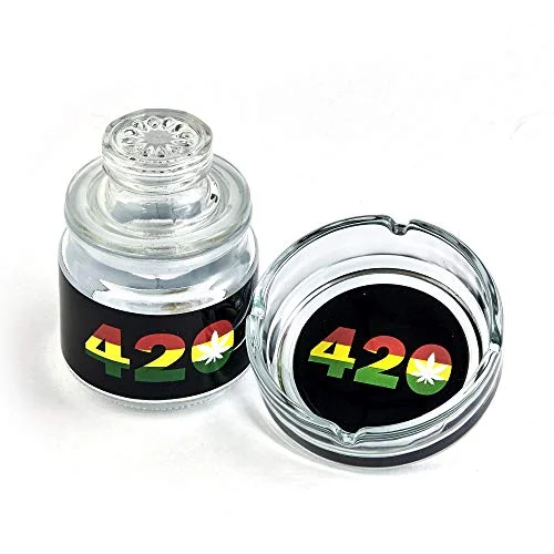 Fashioncraft Glass Ashtray and Stash Jar set. Bright Rasta Colors. A Great Gift for Men or Women (420 Rasta Design)