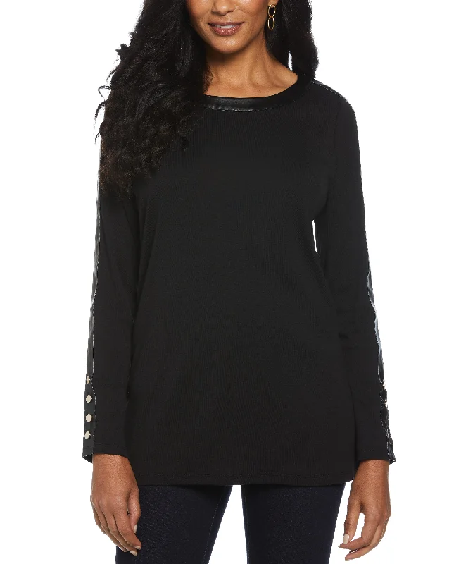 Ribbed PU Trim Tunic Top